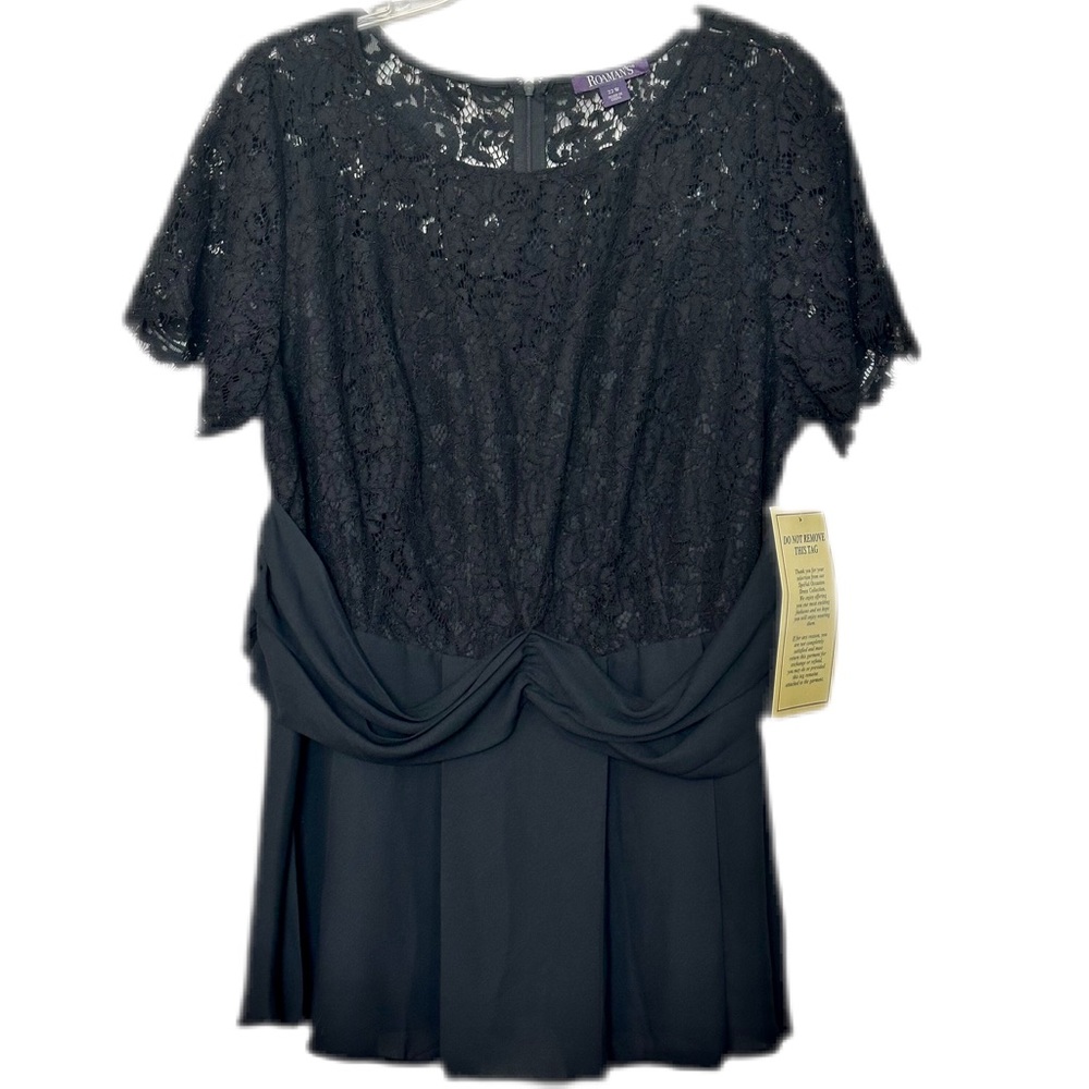 Roaman’s Women’s Lacy Chiffon Peplum Short Sleeves Black Blouse Size 22W NWT